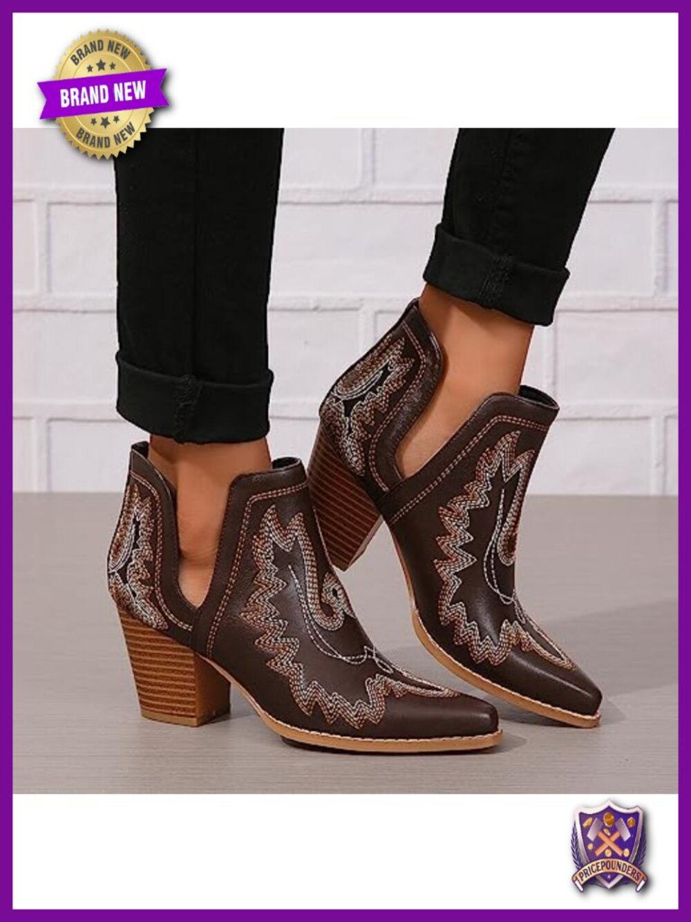 Women's Cowboy Ankle Boots Pointed Toe Chunky Heel Cutout Western - Picture 4 of 5